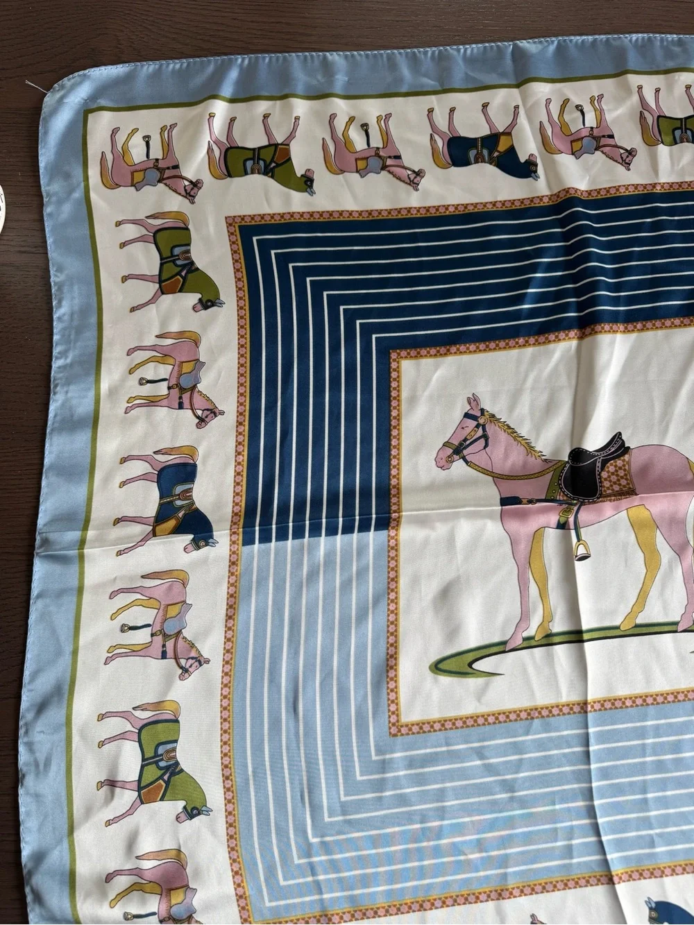Vintage Equestrian Horse Print Satin Scarf Blue Pink Green Square Riding Motif